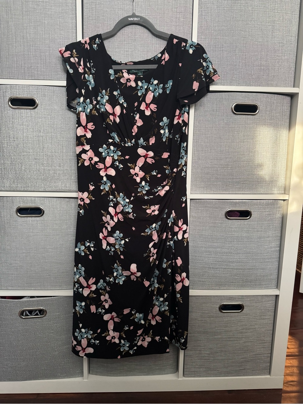 Ralph Lauren Black Floral Midi Dress with Pink & Blue Blossoms